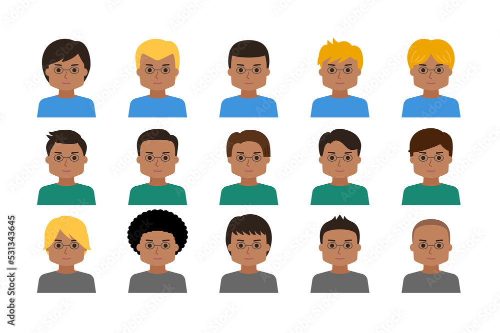 Avatar icon set of man faces with glasses Avatar icon set of man faces with glasses
