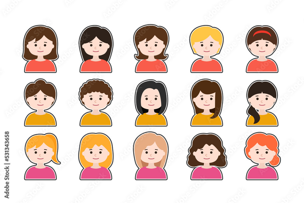 Set of woman avatar icon faces with frame border Set of woman avatar icon faces with frame border