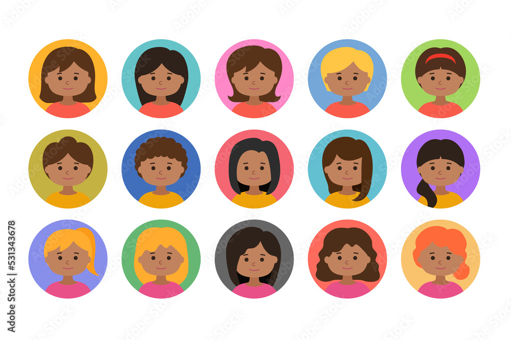 Avatar icon set of woman faces on a round frame