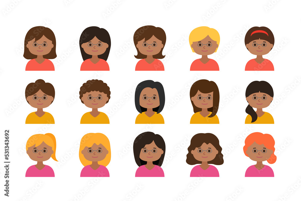 Avatar icon set of woman faces with glasses Avatar icon set of woman faces with glasses
