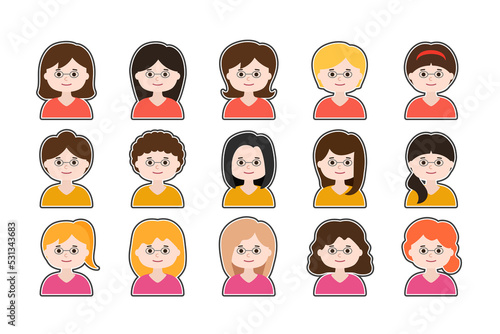 Avatar icon set of woman faces with glasses and border © mikenoki