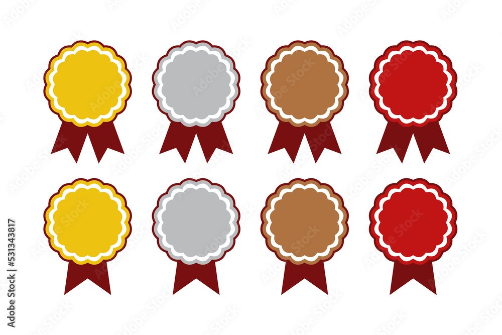 Gold, silver, bronze, and red award icon set with ribbon sign and border Gold, silver, bronze, and red award icon set with ribbon sign and border