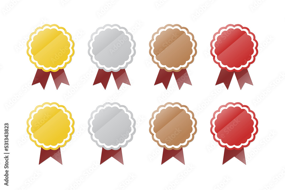 Glassy luster gold, silver, bronze, and red award icon set with ribbon sign Glassy luster gold, silver, bronze, and red award icon set with ribbon sign