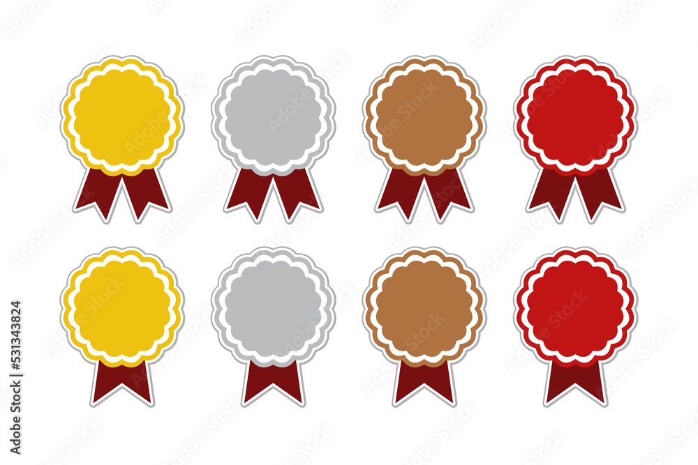 Gold, silver, bronze, and red award icon set with ribbon sign Gold, silver, bronze, and red award icon set with ribbon sign