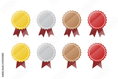 Glassy luster gold, silver, bronze, and red award icon set with ribbon sign, transparent PNG.