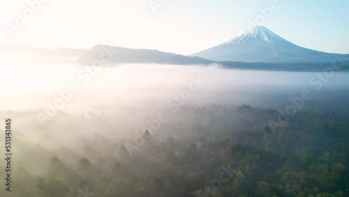 早朝の青木ヶ原樹海と富士山を空撮