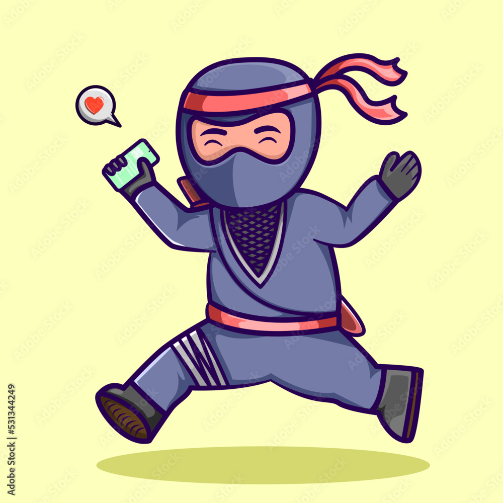cute and happy ninja holding smartphone