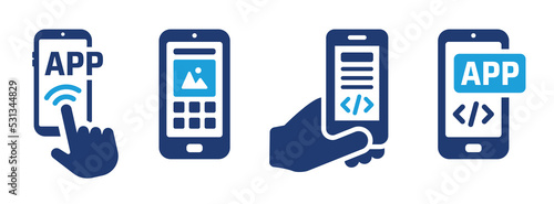 Application on mobile phone icon set. Hand holding smartphone with app template design. photo