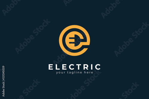 Letter E Electric Logo, Letter E and Plug combination, flat design logo template, vector illustration