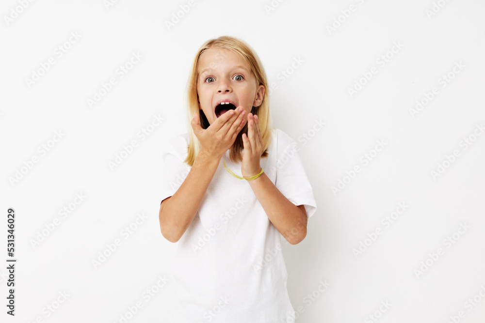 happy cute girl hand gesture fun fashion posing studio happy cute girl hand gesture fun fashion posing studio