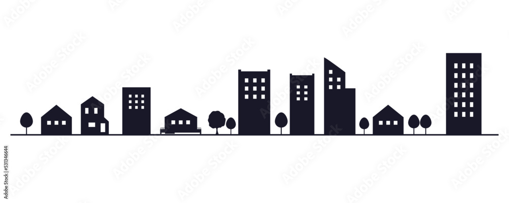 シンプルな街並みのシルエットのイラスト素材　背景イラスト　都市景観　黒