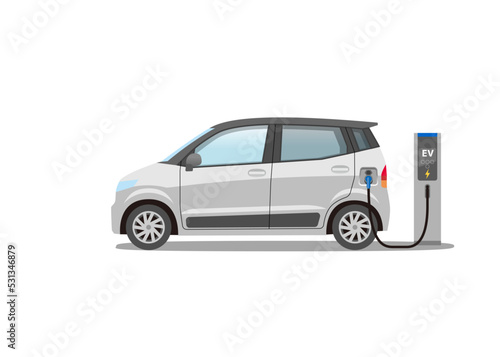 Small electric car on charging station                 EV