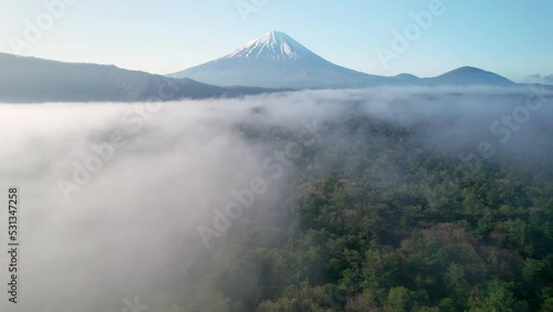 早朝の青木ヶ原樹海と富士山を空撮
