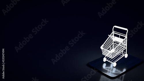 The shopping cart glow light on tablet for e commerces business 3d rendering