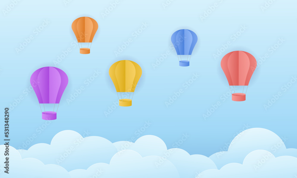 Colorful hot air balloons on blue sky paper art style. - Vector. Colorful hot air balloons on blue sky paper art style. - Vector.