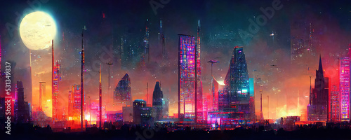 Fotografie Nighttime in cyberpunk city of the futuristic fantasy world features skyscrapers, flying cars, and neon lights