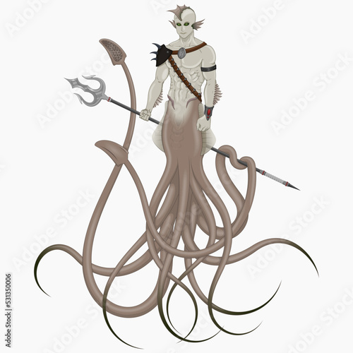 Half man half squid creature vector design, fantasy creature with trident, sea creature with tentacles