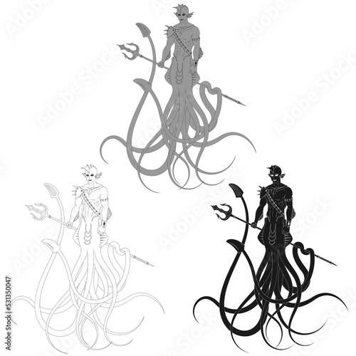 Half man half squid creature vector design, fantasy creature with trident, sea creature with tentacles