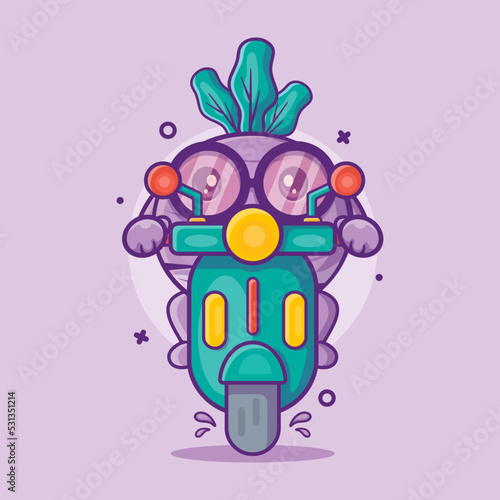 cute turnip vegetable character mascot riding scooter isolated cartoon in flat style design