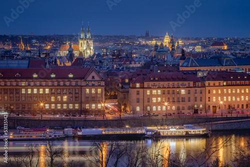 Above Prague old town and river Vltava at dawn, Czech Republic