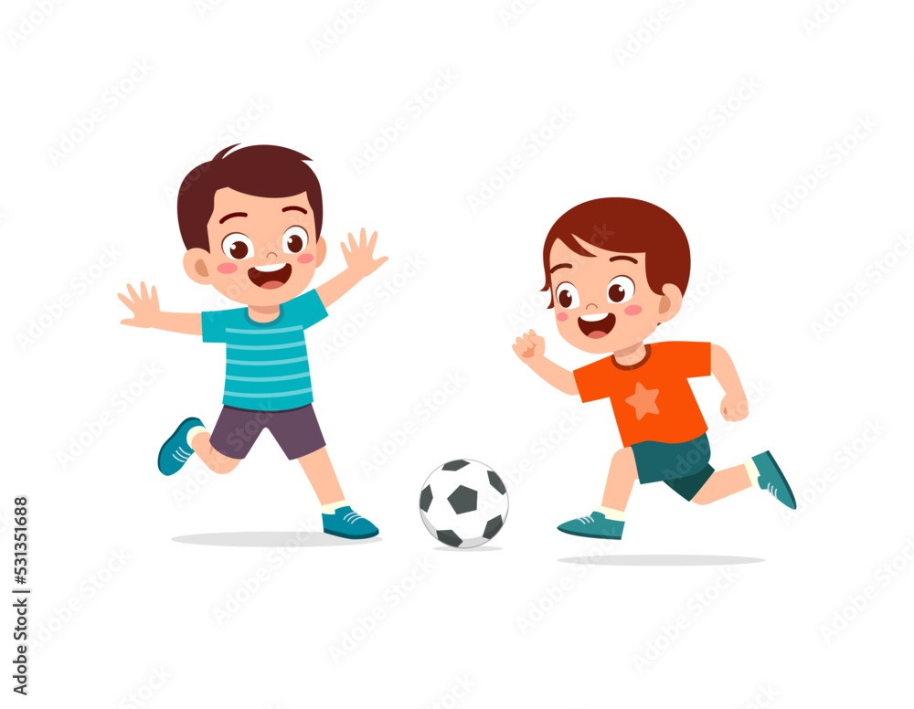 Fototapeta premium little kid play football together with friend