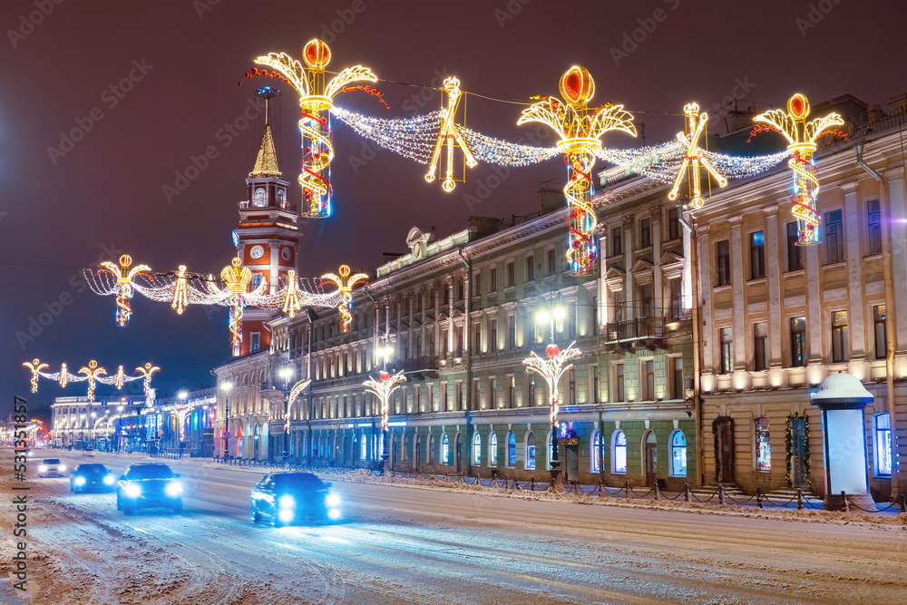 Saint Petersburg winter. Russia snow. Road Winter Saint Petersburg.Christmas Decorations Above Automobile Road. Streets of Christmas Petersburg. Russian cities during New Year holidays