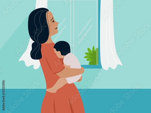 Fatigue mother stand and hold her baby at home. Postpartum Anxiety and depression concept, flat vector illustration.