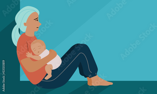 Fatigue mother sitting and hold her baby at home. Postpartum Anxiety and depression concept, flat vector illustration.