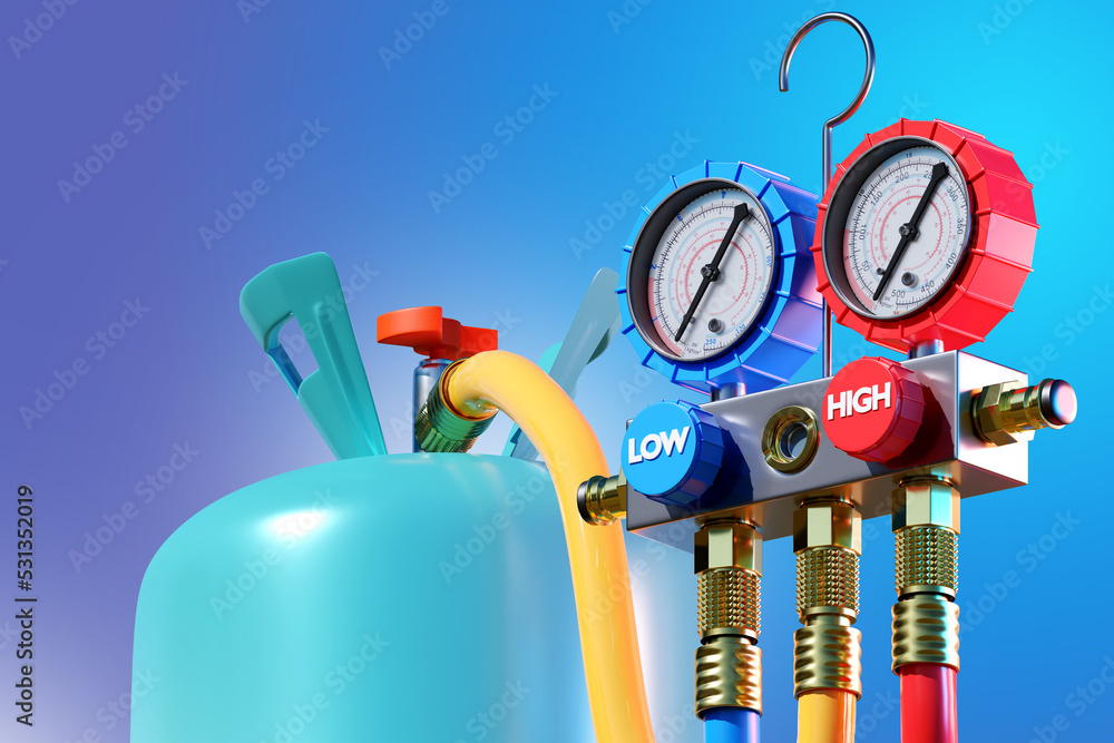 Filling air conditioners. Gas cylinder with pressure gauges on blue