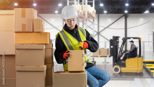 Customs processing goods. Woman with laser scanner. Girl works at customs warehouse. Customs warehouse worker with laser device. Woman in yellow vest with boxes. Large blurred warehouse in background