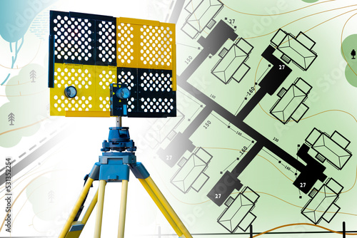 Theodolite on tripod. Topog...
