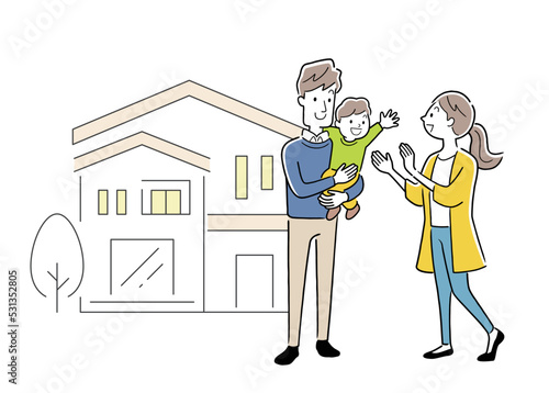 ベクターイラスト素材：マイホームと3人家族
