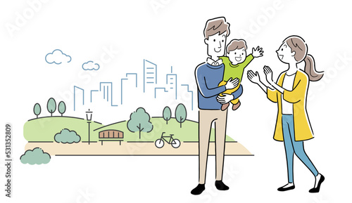 ベクターイラスト素材：公園へ外出する3人家族
