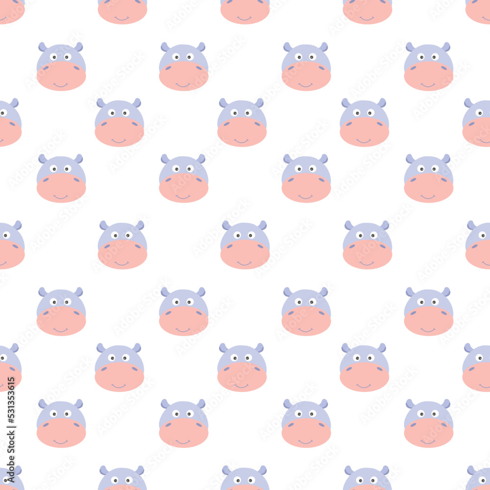 Funny design smile hippo cartoon seamless pattern for background and wallpaper. Adorable endless heads hippopotamus for a baby fashion, fabric, nursery design. Vector. Funny design smile hippo cartoon seamless pattern for background and wallpaper. Adorable endless heads hippopotamus for a baby fashion, fabric, nursery design. Vector.