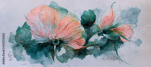 Hand-drawn watercolor of a flower with pastel red pollen and teal-colored leaves, displayed against a white background and isolated. Spectacular painting with digital art 3D illustration.