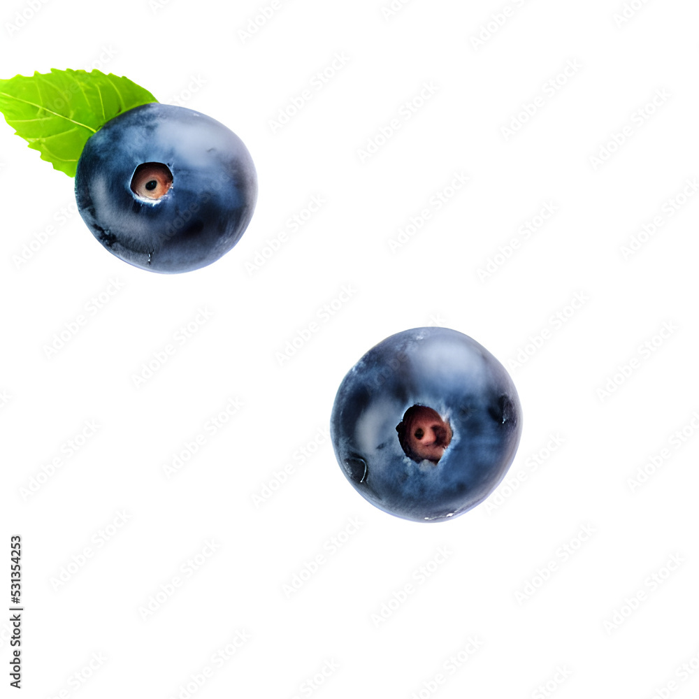 Drops of water on blueberries with green leaves in close-up on a white background Drops of water on blueberries with green leaves in close-up on a white background
