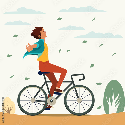 A man rides a bicycle with joy. Active lifestyle. Bicyclist Boy, Sport, Healthy Lifestyle. colorful flat vector  illustration, Adorable male bicyclist