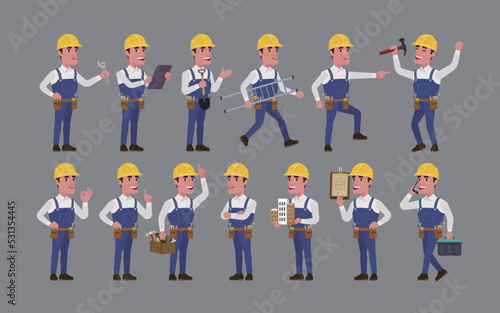 Repairman with different poses. vector