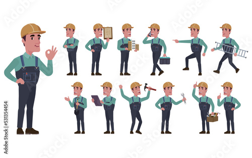 Repairman with different poses. vector