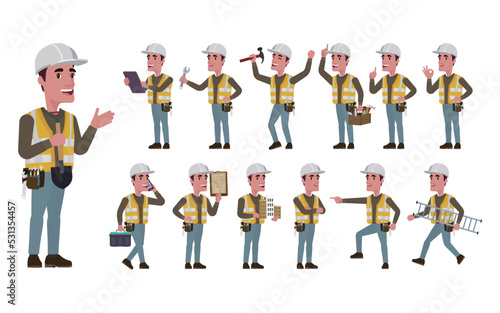 Repairman with different poses. vector
