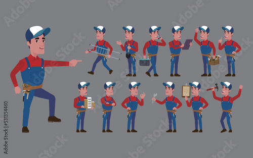 Repairman with different poses. vector
