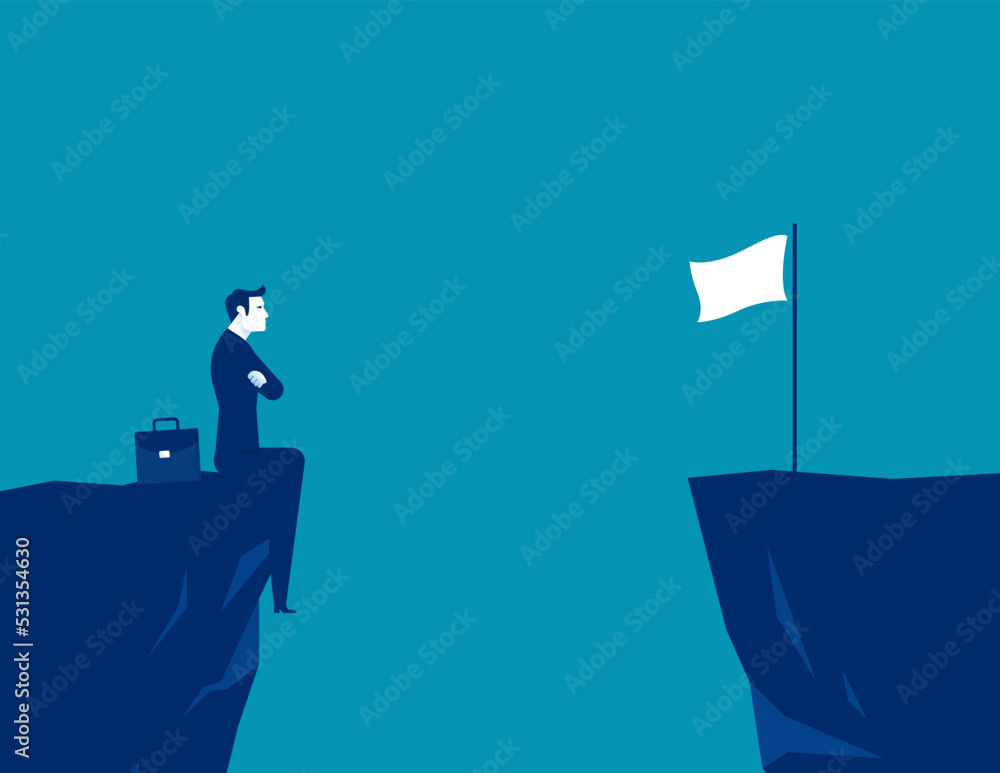 Obraz premium Businessman thinks how to reach the finish flag on the edge of the cliff. Business accessibility vector illustration