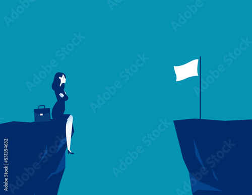Businesswoman thinks how to reach the finish flag on the edge of the cliff. Business accessibility vector illustration