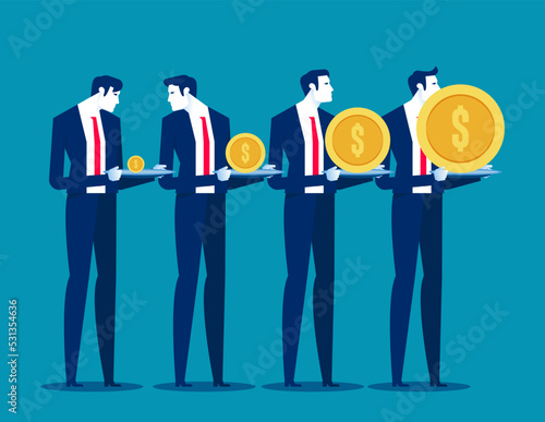 Young office worker to see his share of the coin. Business salary difference vector illustration