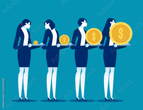 Young office worker to see his share of the coin. Business salary difference vector illustration