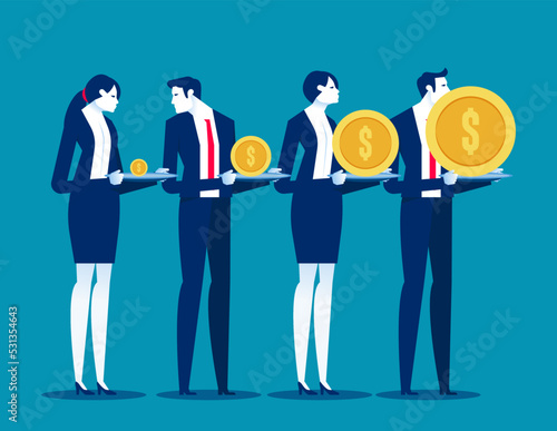 Young office worker to see his share of the coin. Business salary difference vector illustration
