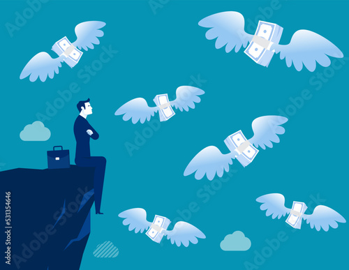 Businessman is thought while watching the flying money. Business financial difficulty vector illustration