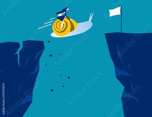Businesswoman ride a snail across the gap. Business challenge vector illustration