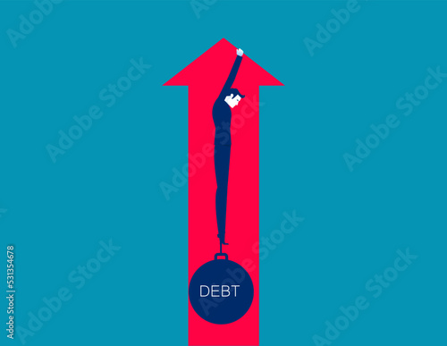 Businessman goes up with arrow a large iron ball pulls his leg down. Business debt vector illustration