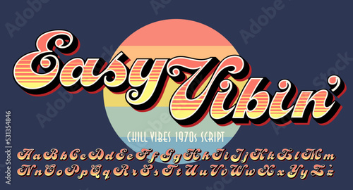 Easy Vibin' script alphabet: A retro 1970s style font with striped and 3d shadow treatment. Great for tees and sweatshirts, or vintage logos.